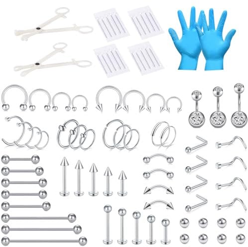 NIUSIMAN 85 Stück Piercing Set Edelstahl mit Klemmhandschuhen Körperpiercing Werkzeugset für Bauchnabel Zunge Brustwarze Augenbraue Lippe Septum Nase Ohr Piercing-Silber