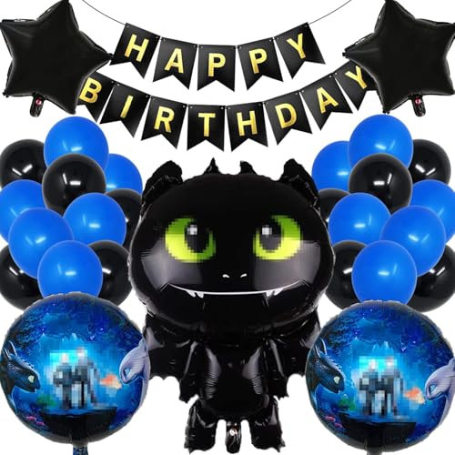 28 Stück Geburtstag Luftballons Set,Wie Man Ihren Drachen Zähmt,Schwarzer Drachen Zahnlos Folienballons,Schwarz Blau Latexballons,Happy Birthday Banner für Kinder Geburtstagsfeier Dekoration