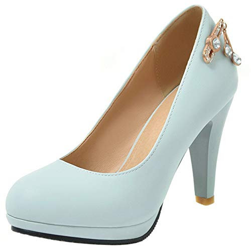 Décolleté Donna, Scarpe Tacco a Cono Eleganti Scarpe da Sposa Tacco Alto Punta Rotonda con Plateau con Cristalli Blu Numero 44 EU