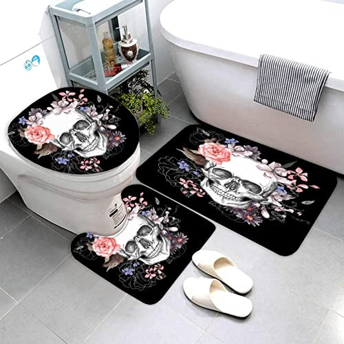 AOLIGL Badteppich Totenkopf Blume Gothic Badematten Mikrofaser Luxus Badezimmerteppich Absorbierend Teppiche Set Einschließlich Badematten Sockelmatte und Toilettenmatte (50 x80 cm), Color19