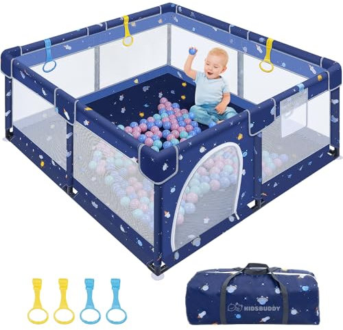 Kidsbuddy Baby Laufstall Laufgitter 130x130cm Rutschfester Design Absperrgitter mit atmungsaktivem Netz Schutzgitter Baby Set，Sicherheitsspielplatz Kinder dunkel blau
