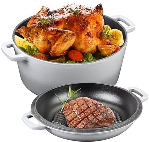5.5 Quart Enameled Cast Iron Dutch Oven, 2-In-1 Enamel Dutch Oven Pot with Skillet Lid for Grill, Stovetop, Induction (Gradient Grey)