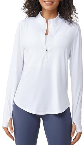 G4Free Long Sleeve Sports T-Shirt Women UPF 50+ Sun Half Zip Shirts Lightweight Quick Dry Workout Tops Running Hiking Breathable Activewear with Thumb Holes White