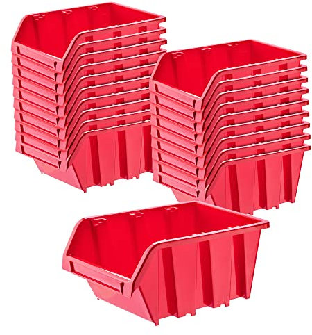 Kadax Scatole portaoggetti da parete, impilabili, in plastica, ideali per organizzare i tuoi utensili, contenitori a becco per garage (confezione da 20: rosso, 155 x 100 mm)