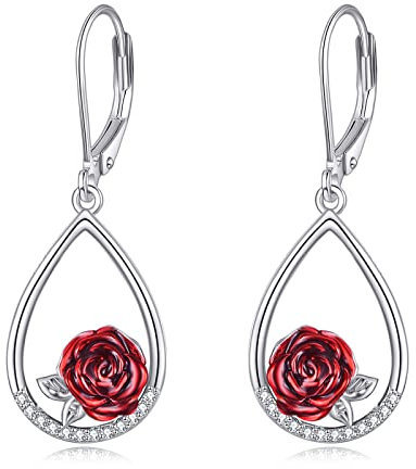 POPLYKE Rote Rose Blume Teardrop Tropfen Ohrringe Sterling Silber Leverback Ohrringe Geburtstag Geschenk für Frauen