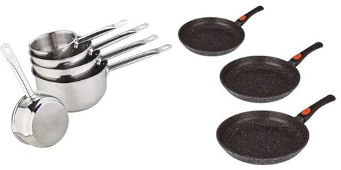 Kamberg - Gamme Pro Set/lot/batterie 5 Casseroles 12/14/16/18/20 cm - Acier Inoxydable Haute Qualité - Poignée anti chaleur Argent & Poêles Gris 20/24 / 28 cm, Lot de 3, 28 x 28 x 19 cm