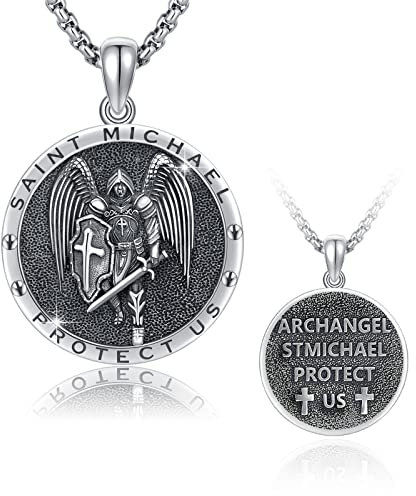 Erzengel Michael Halskette 925 Sterling Silber Heiliger Michael Halskette Krieger Beschütze uns Amulett Schmuck Geschenk für Männer Frauen 22+2 Zoll