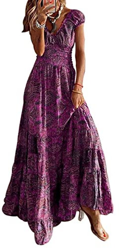 ABYOVRT Robe Maxi D'été pour Femme Bohème Robe de Vacances Col V à Fleur Manches Courtes Robe de Soiree Party Plage(Violet,L)