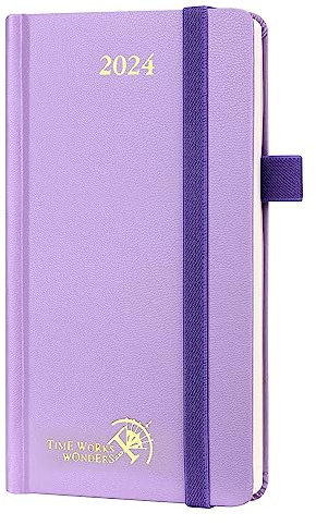 POPRUN Week to View Slim Diary 2024 Pocket Size 16.5 x 9 cm Hardback 24 Weekly Planner Vertical with Dotted Note Pages, Inner Pocket, Elastic Closure, 80 GSM FSC® Certified Paper - Violet