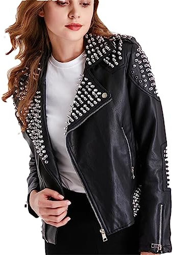 Adhdyuud Damen-Punk-Lederjacke mit Nieten, schwarze Nieten, gewaschener PU-Biker-Rock-Mantel, Schwarz , 38