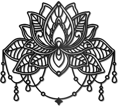 CREATCABIN Lotus Metall-Wandkunst-Dekor,Schwarze Blume,Wandbehang,Dekor,Eisendraht,Wandkunst,Silhouette,Skulptur,Dekoration,Schild,Ausgehöhlt,Minimalistisches Blumenornament Für Garten,Zuhause,26x23cm