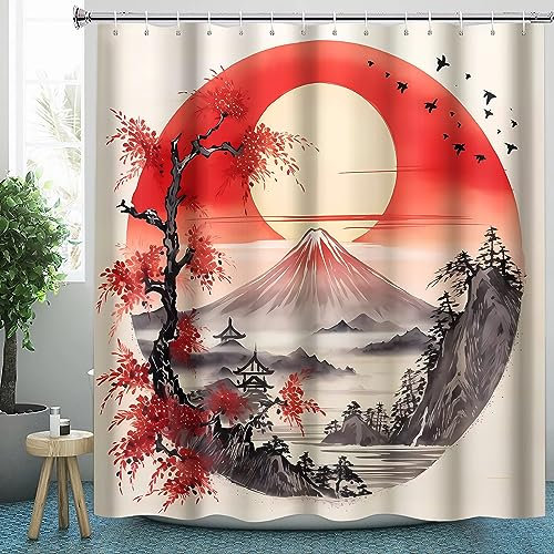 CLOXKS Japanisch Duschvorhang 180x200 Textil für Badezimmer, Polyester-Stoff Duschvorhänge Fuji Berg Landschaft & Zubehör-Set, Anti-Schimmel, Waschbar, Badewannenvorhang für Badewannen mit 12 Haken