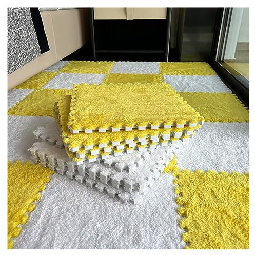 16 Stück Dicke, Ineinandergreifende Schaumstoff-Teppichfliesen, Weiche, Ineinandergreifende Bodenfliesen, 12 X 12 Zoll Große Teppichquadrate Für Den Einsatz Im Heimbüro(Color:Weiß +Gelb)