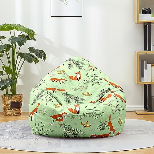 Treer Kinder Sitzsackbezug Cartoon-Tiere Druck Groß Sitzsack Bezug Ohne Füllung Abnehmbarer Waschbar Reißverschluss Sitzsack Außenbezug Spielzeug Aufbewahrungstasche (70x80cm,Grüner Fuchs)