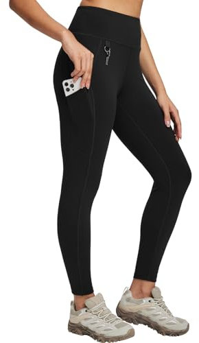baleaf Damen Wanderleggings mit 3 Taschen Wanderhose Trekkinghose Sport Leggings High Waist Schnelltrocknend UPF 50+ Schwarz XS