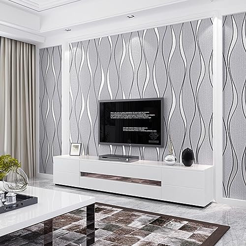 Warmiehomy Non-Woven Wallpaper 4 Pack x 53cm x 9.5m Textured 3D Flocking Embossed Wallpapers Minimalism Curved Wave Stripes Wall Paper Roll for Living Room Bedroom