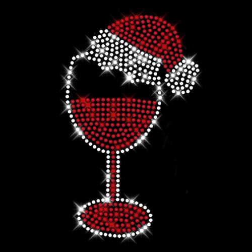 Glitzerdeals Bügelbild Karneval Strass Weihnachten Weinglas rot mit Weihnachtsmütze Aufbügler für Textilien 1 Stück