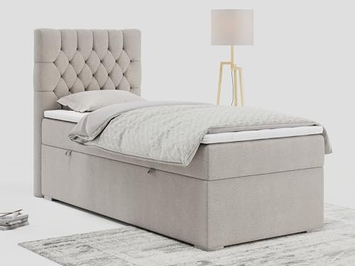 MKS MEBLE Boxspringbett 90x200 mit Matratze, Einzelbett 90x200 mit Bettkasten und Topper, Jugendbett 90x200 mit Stauraum -PERA 90 cm - Beige Struktur - H3 - Linke Seite