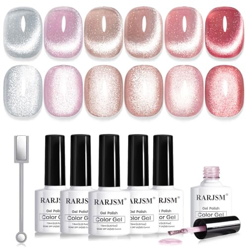 RARJSM Sparkle Diamond Glitter Cat Eye Gel Nail Polish Set 6 Pcs Sheer Pink Nude Pink Red Light Purple Silver Velvet Ice Jelly Gel Polish with Magnetic Stick UV LED Curing Requires Soak Off