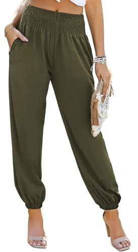 Dokotoo Sommerhose Damen Lässige Palazzo Hose Hosen mit Taschen Baggy Elastisch Stoffhose Einfarbig Freizeithose Jogginghose Grün L