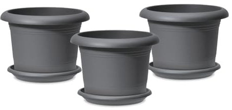 Scheurich 3er Set Blumentöpfe Oliver mit Untersetzern, Farbe: Metallic Grey, 40,4 cm Durchmesser, 28,1 cm hoch, 19,3 l Vol.