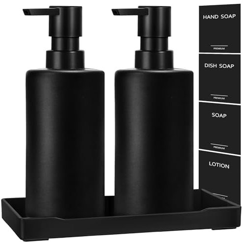 GMISUN Seifenspender Schwarz, 350ml Seifenspender Glas Set, Modern Spülmittelspender Küche, Soap Dispenser Set mit Tablett und wasserdichte Etiketten, Handseifenspender