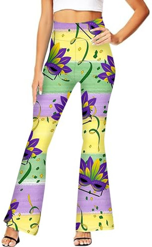 Hose Ausgestellt Damen Freizeithose für Damen mit Taschen Bedruckte Faschingsmaske Freizeithose mit Ausgestelltem Bein Hoher Taille Weite Hose Freizeithose Hose für Outdoor-Aktivitäten (Yellow, S)