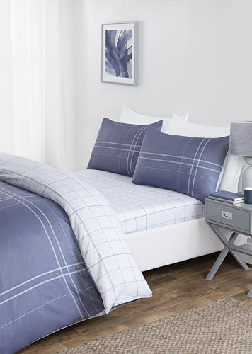 Rapport home 4 Piece Bedding Set with Fitted Sheet – Double Size Duvet Cover Set + Matching Pillowcases, Reversible Hudson Check Quilt Cover, Soft Microfibre Minimalist Blue Bed Linen