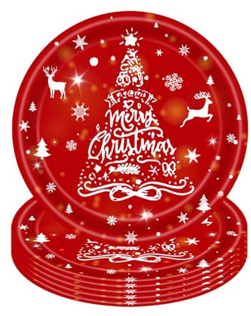 16PCS Christmas Paper Plates, 18cm Red Xmas Tree Paper Round Dinner Plates for Birthday, BBQs, Christmas, Picnic, Kids Shower Parties