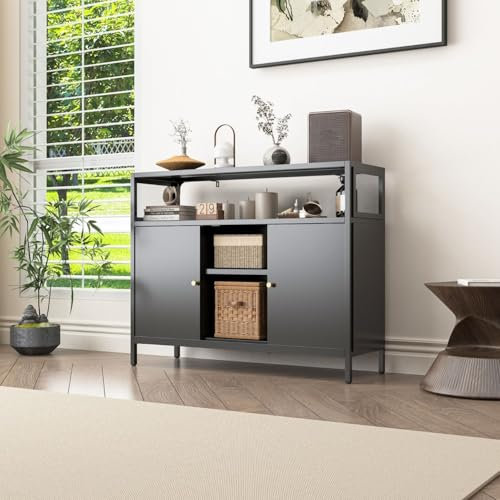 Mein-Regal Sideboard Mesh schwarz - schmale Kommode aus Metall - TV-Konsole Ablage und Schiebetür, Vitrine für Bücher und Deko - passt ins Wohnzimmer, Schlafzimmer, Büro