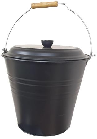 Easy Shopping® 12L Metal Ash Bucket Black Fireside Storage Coal Ash Bin Fire Log Container With Wood Handle and Black Lid