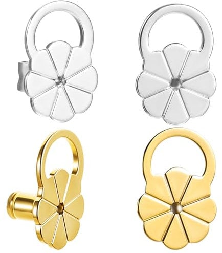InnoHHustle 4pcs Earring Lifters for Droopy Ears, Earring Support Backs for Heavy Earring, Large Earring Backs Repacements for Studs Secure, Flat Earring Support Backers for Earlobe(Gold and Silver)