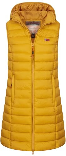Geographical Norway Damen Stepp weste Kapuze Übergangs Herbst Winter Windbreaker Lang, Farbe:Mustard, Größe:M (38)