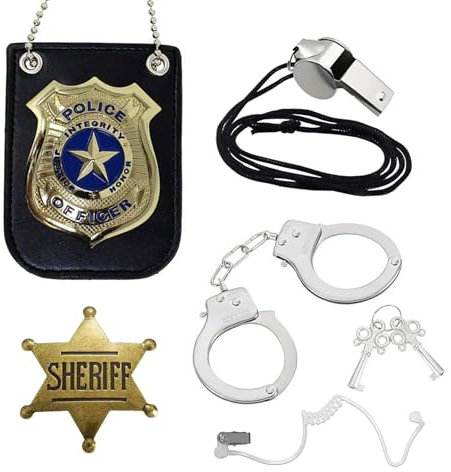5 Pcs Polizei Handschellen Echt Stahl Profi Set mit Polizeiabzeichen, Headset, Schlüsseln und Pfeife für Halloween-Partys, Cosplay