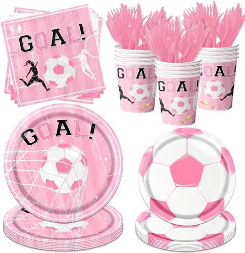 CMUSKO Pink Soccer Party Tableware Set for Girls, 100 Pieces, Includes Plates, Napkins, Cups, Cartoon Pattern, Disposable, Microwave Safe