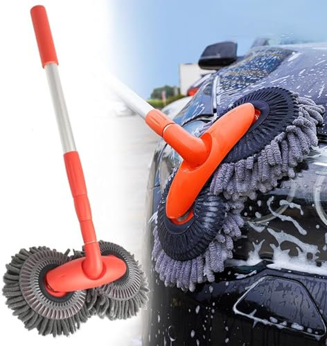 Rotating Car Mop, Double Head Car Wash Mop with Long Handle & Towel, Telescopic Car Brush Wash Soft Care Mop,Microfiber Double Head Car Wash Brush Long Handle Caravan Cleaning Brush