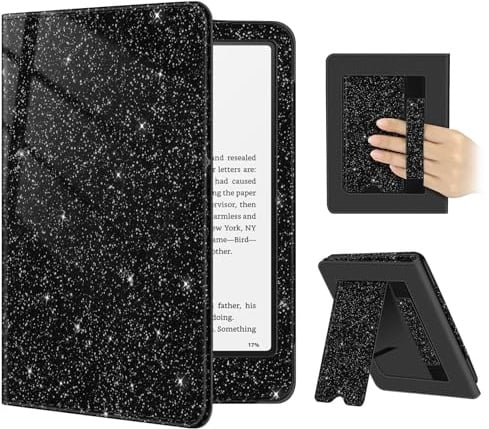 Fintie Hülle für 7 Kindle Paperwhite(12. Generation)/Kindle Colorsoft | Paperwhite Signature Edition 2026, Kickstand Case mit Handschlaufe, Rückseiten-Magnet, Auto Sleep/Wake, Glitzer Schwarz