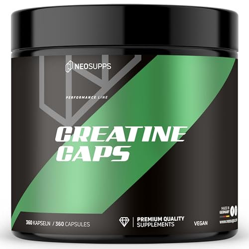 Neosupps Creatin Caps, 360 Kapseln mit 100 % Kreatin Monohydrat, ohne Zusatzstoffe, geschmacksneutral, vegan, für Schnellkrafttraining & körperliche Leistung im Sport
