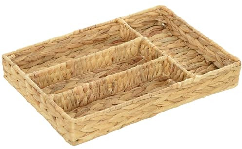 HOMCOM Panier rangement rectangulaire, panier de rangement tressé en jacinthe d'eau avec 4 compartiments, corbeille rangement pour cuisine, salle de bain, chambre à coucher, naturel