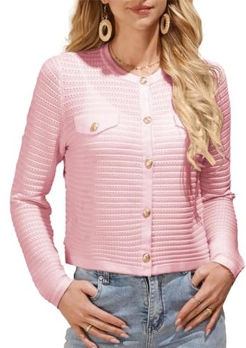 GRACE KARIN Cardigan da donna a maniche lunghe girocollo con bottoni in maglieria vintage maglione cardigan, rosa, S
