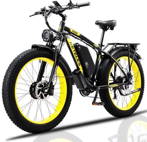 Dual Motor Electric Bike Road Legal 250W,Electric Mountain Bike,26x4 Fat Tyre Ebikes,48V 23AH Removable Battery 60Miles Range,Front Suspension&Hydraulic Brakes,LCD Display Ebike(Yellow23AH)