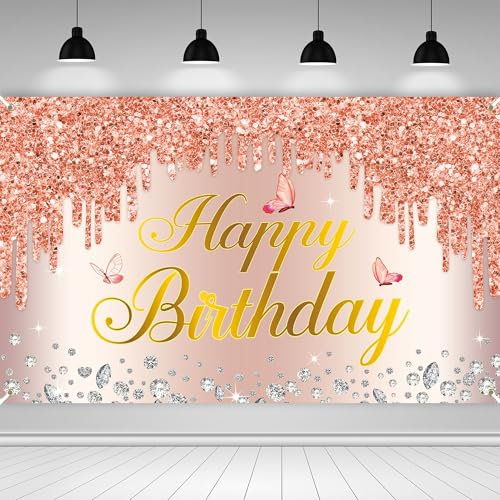 Große Happy Birthday Banner, Rose Gold Dekor, große Banner Hintergrund Party Hintergrund für Männer & Frauen, Outdoor & Indoor Verwendung