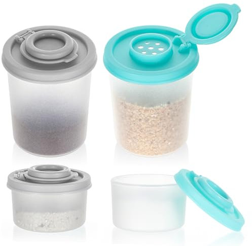 4 PCS Salt and Pepper Shakers Moisture Proof Set, Travel Spice Set with Moisture Proof Sinlicone Lids Plastic Airtight Dispenser for Camping Travel Picnic Lunch Boxes(Grey, Mint)