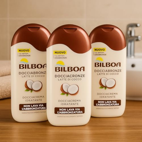 Bilboa Docciabronze 3X 250ml o 220ml – Arancia Amara, Oil Carrot o Cocco – Docciagel o Docciacrema Corpo e Capelli – Non Lava Abbronzatura, Testato (3X Bilboa Docciabronze Latte di Cocco – 220 ml)