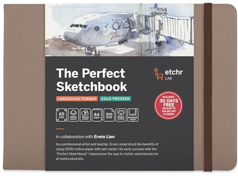 Etchr The Perfect Sketchbook Deckle Edition – Premium 300 GSM 100% Cotton Cold-Press, Hand-Torn Deckled Edges, Lay-Flat Binding, Vegan Leather Cover (A5 Landscape - 5.8 x 8.3 Inch)