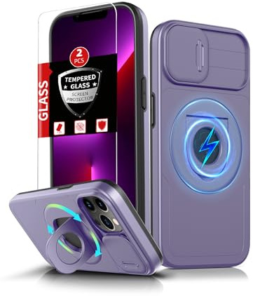 FRLMOOES for iPhone 13 Pro Case Magnetic,with Kickstand Ring + Camera Cover | Compatible with MagSafe Wireless Charging,with 2 Screen Protectors,Anti-Scratch Shockproof Heavy Duty Protection Phone,Purple