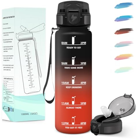 Motswedi Gourde 1l, avec Paille, Gourde Sport, Anti-Fuite, Bouteille, Réutilisable, Bouteille d'eau, avec Marqueur de Temps, pour Fitness, Yoga, Sport, Camping, Gym, Travail, Noir Rouge