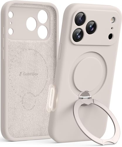 GOLBINBOX for iPhone 17 Pro Max Case with 360° Spin Magnetic Stand, [Compatible with MagSafe] [Full Camera Protection], Shockproof Liquid Silicone Case with Ring Kickstand for 17 Pro Max 6.9'', Stone