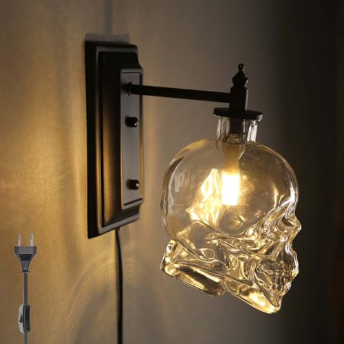 Schädel Wandleuchte mit Schalter und Stecker Vintage Schwarz Totenkopf Wandlampe Glas Lampenschirm G9 Totenkopf Lampe Wand Deko Retro Wandbeleuchtung für Schlafzimmer Bar Flur（mit Leuchtmittel）