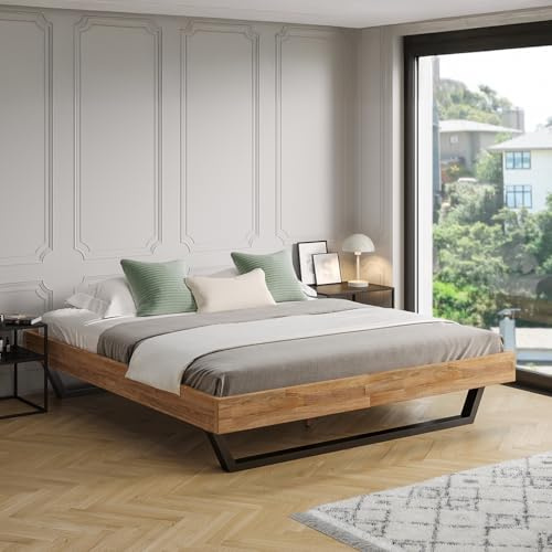 skølm Alver Massivholzbett Eiche 180x200cm, Bettrahmen hochwertig in Natur | Bettgestell stabil aus Massivholz, Holzbett mit schwarzen Metallkufen,hochwertiges Bett, geeignet als Doppelbett Schlafzimmer
